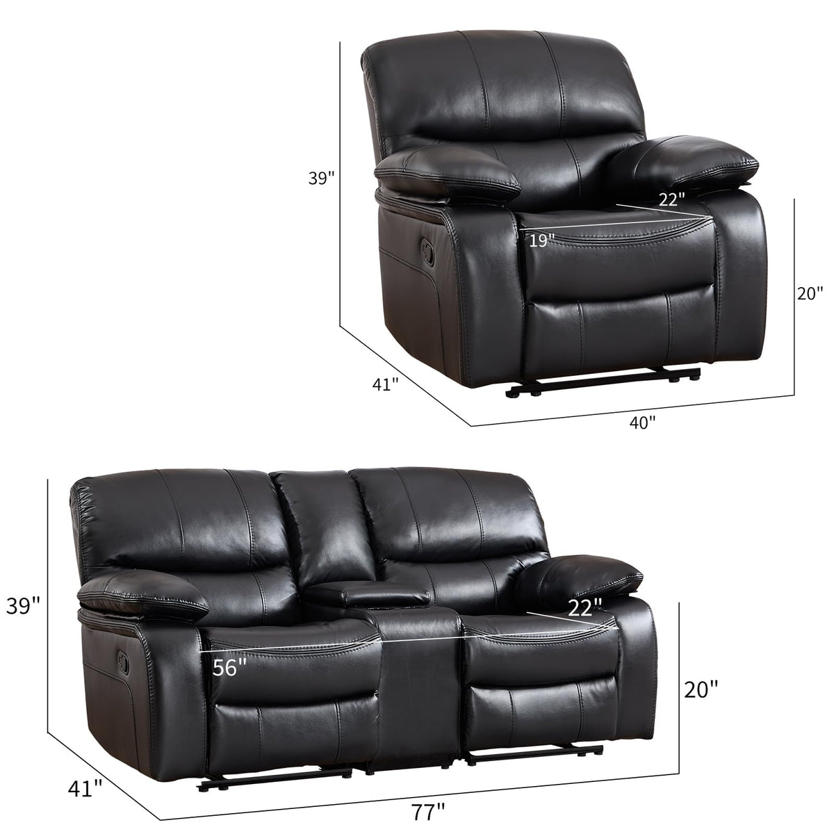 Faux Leather Manual Recliner Sofa Set, Americana Minimalist 2 Recliner Chairs and 1 Reclining Loveseat with Center