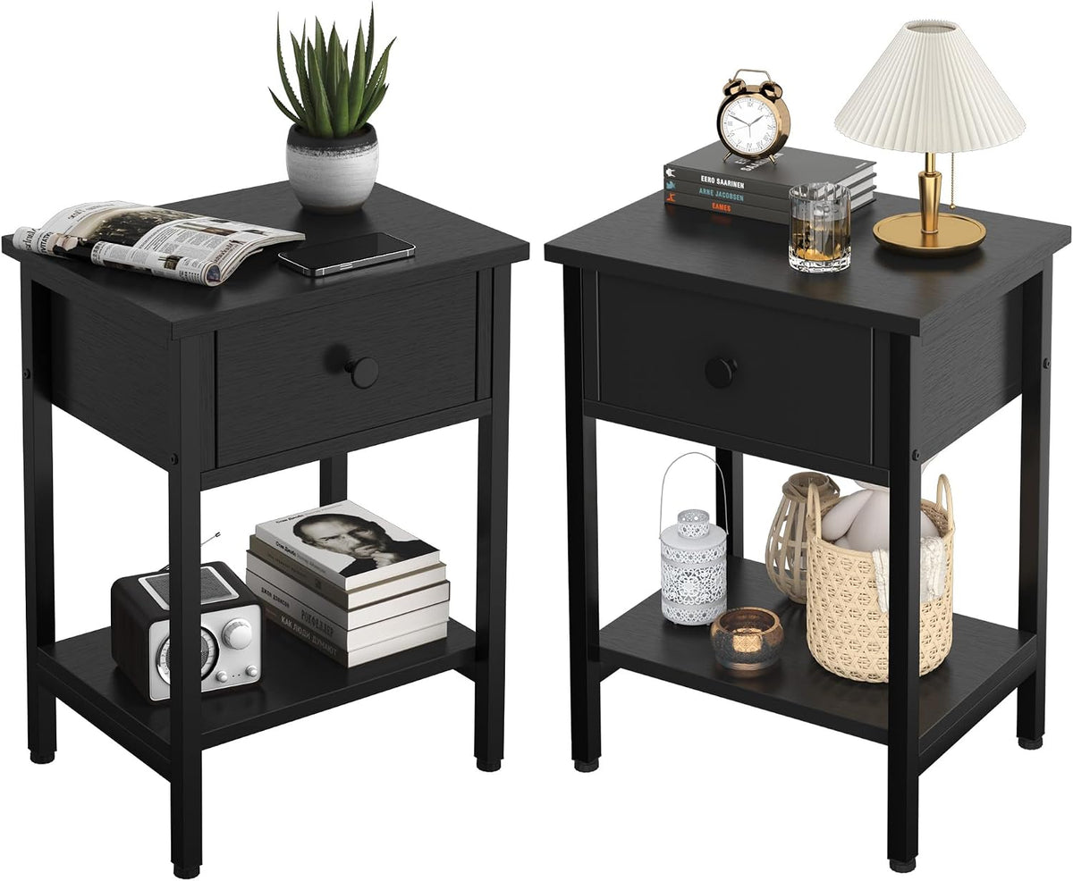 Nightstands Set of 2 with Drawers, Bedside Table Set of 2 with Storage Shelf, Heavy Duty End Side Table Bedroom Small