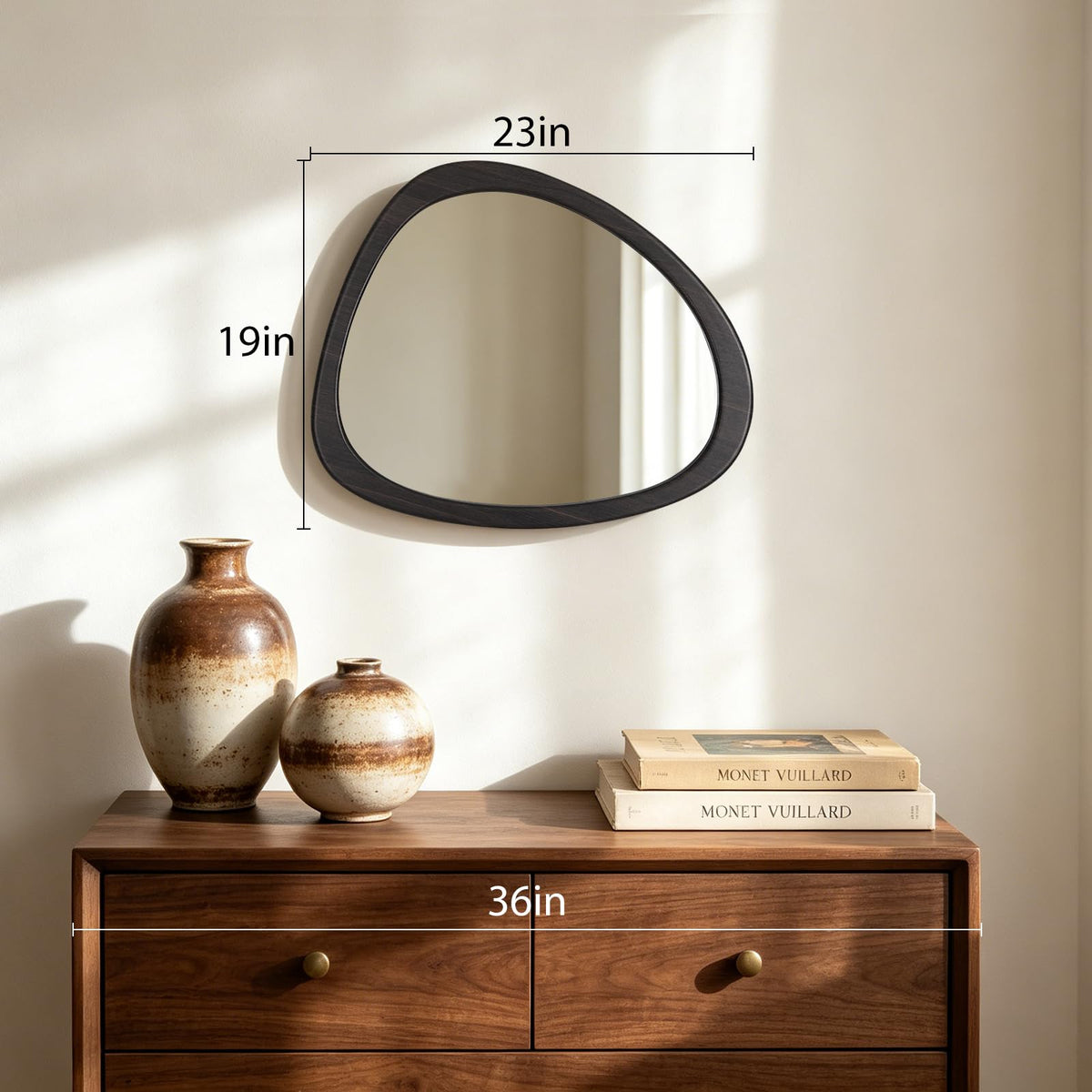 23 x 19 Asymmetrical Mirror, Irregular Wooden Wall Mirror - Mid-Century Modern Decorative Mirror, Solid Wood Frame