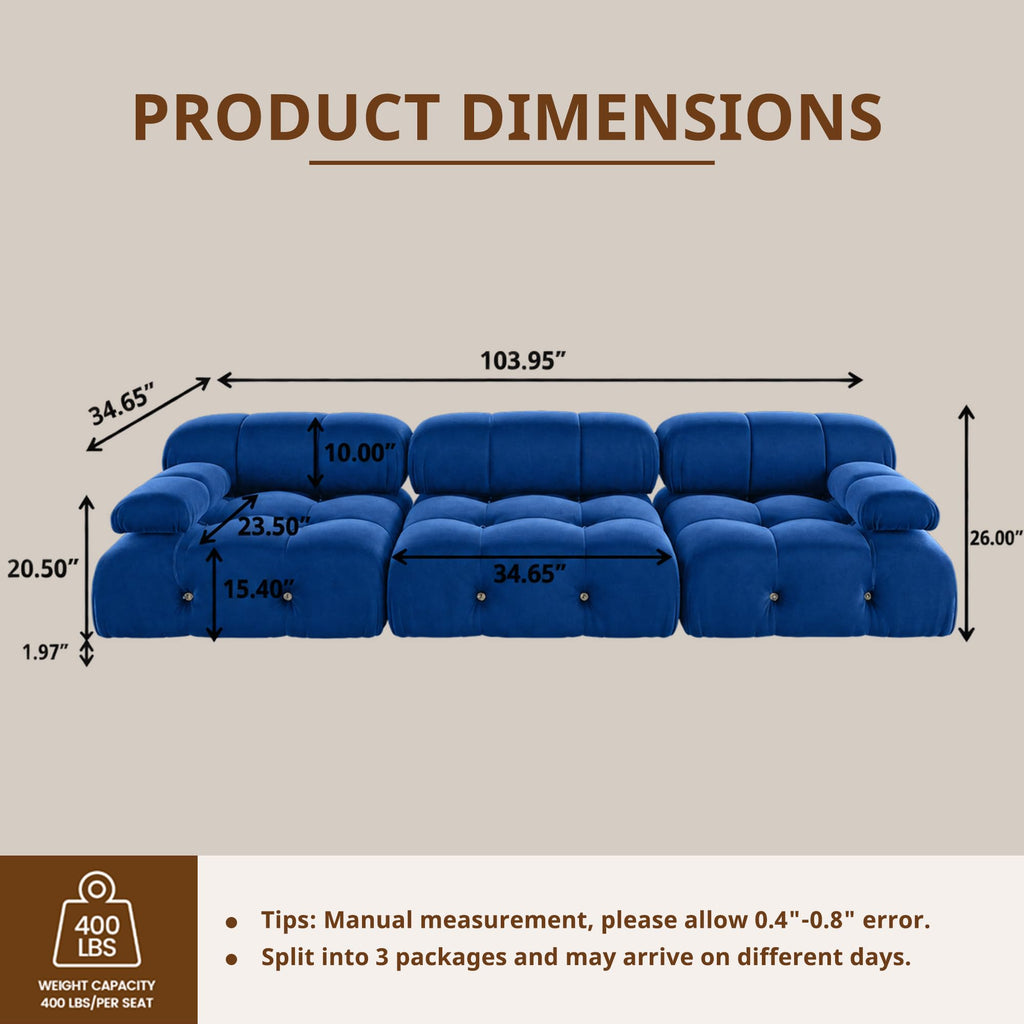 104" Velvet Modular Sectional Sofa, Luxury Modern 3-Seater Sectional Couches Bedroom Office Apartment (Blue)