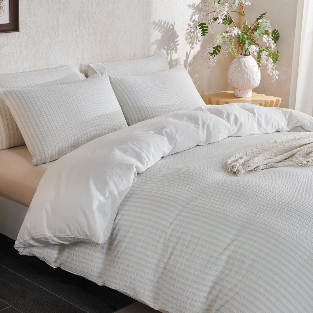Comforter Set Light Blue Striped Soft Luxury Washed Cotton Jacquard 3 Pieces Bedding, Light Blue Vertical