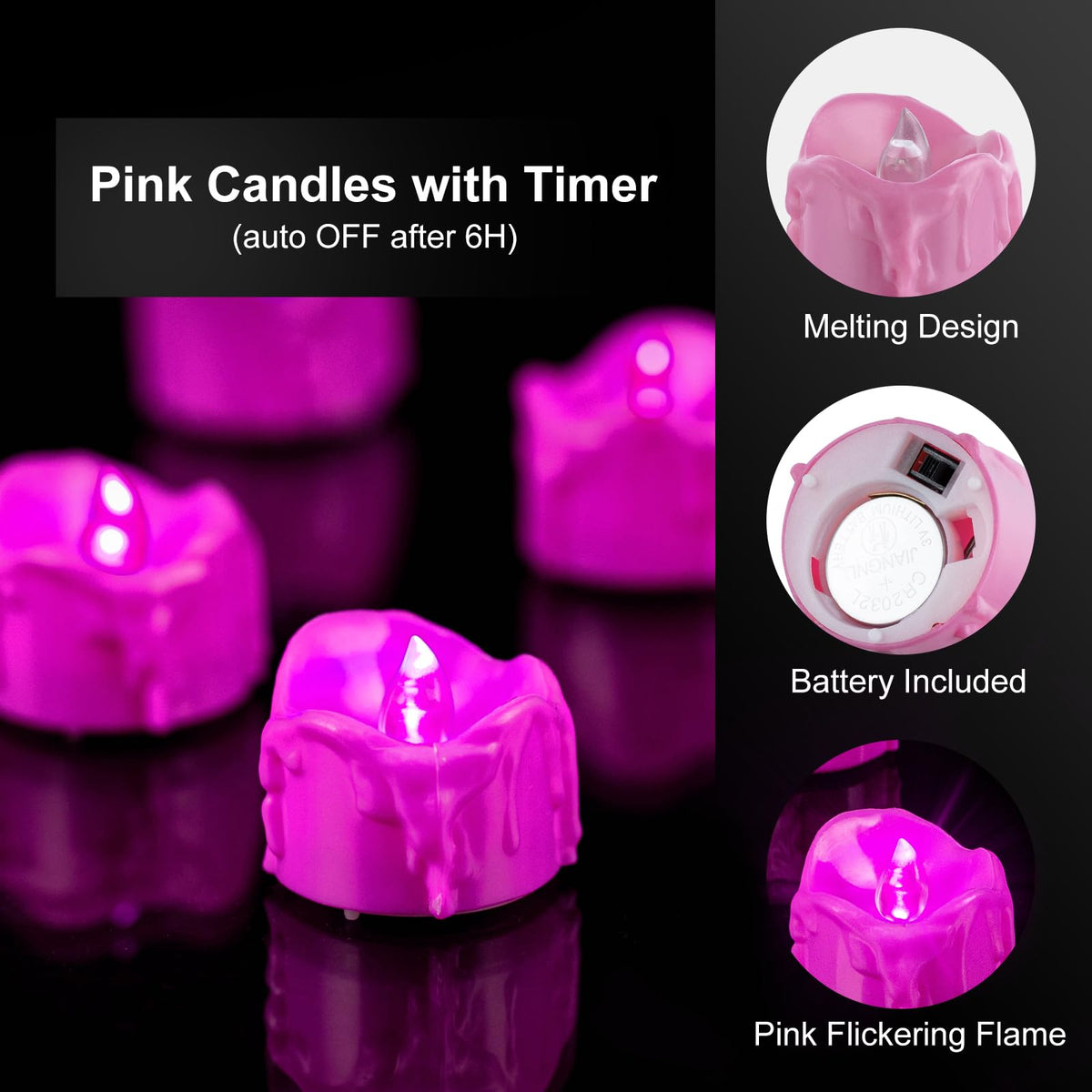 Pink Flickering Flame Tea Lights with 6H Timer, Battery Operated
