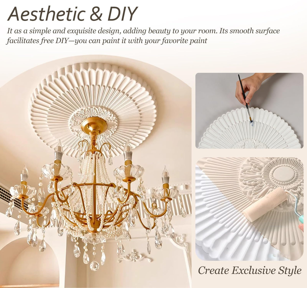24 in French Style of Ceiling Medallions, Decorative Medallion for Light Fixture, Lightweight Easy to Install