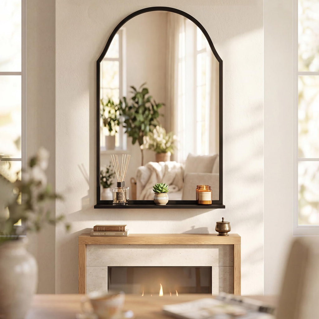 30x20 Inch Arched Bathroom Mirror with Shelf, Black, Metal Frame