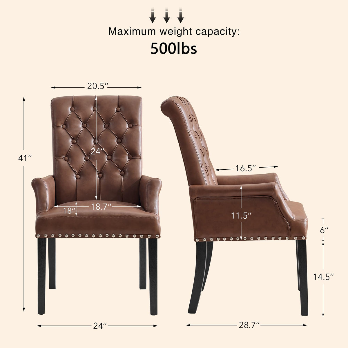 PU with Arms, High Back Dining Room Chairs, Brown