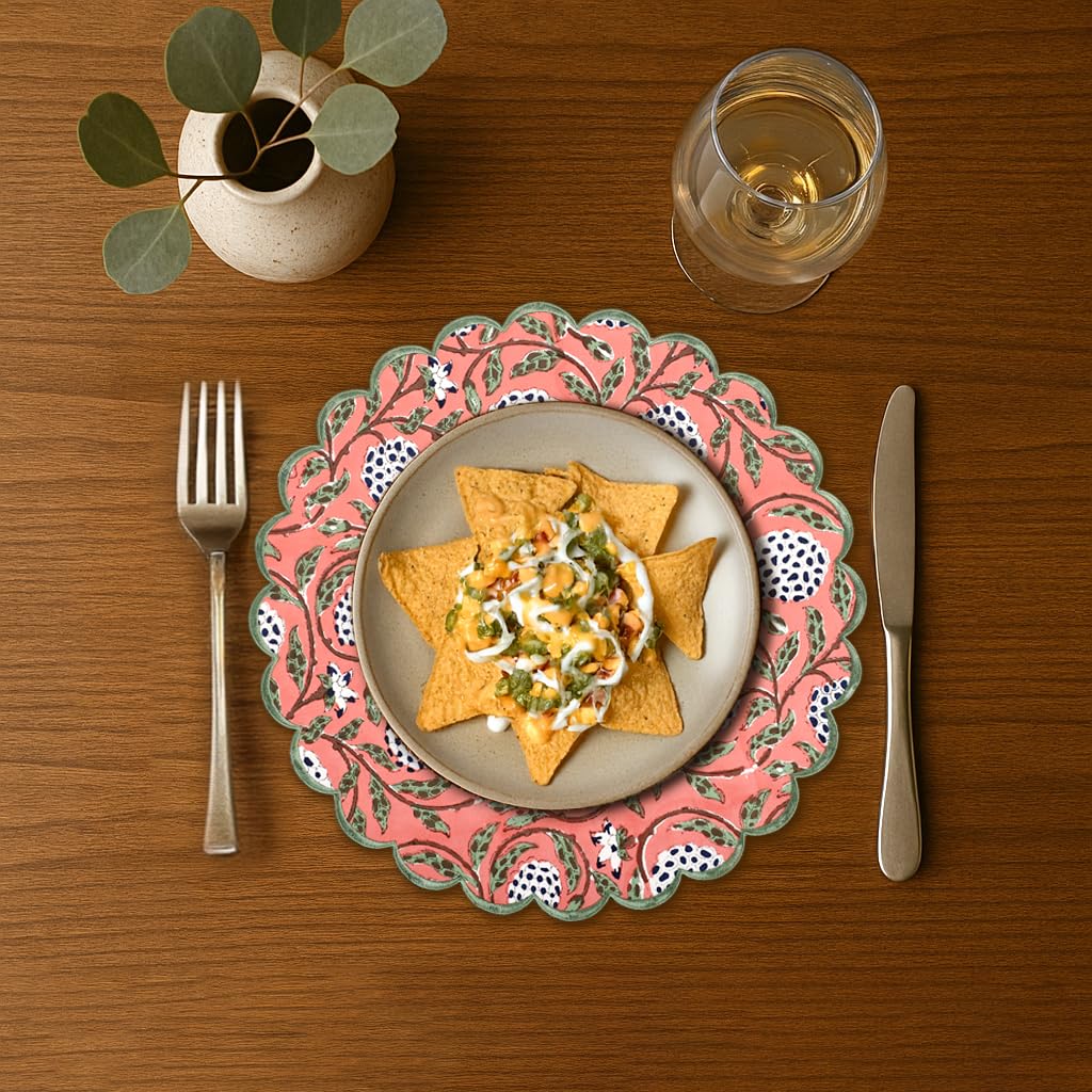 Floral Block Print Round Placemats 15 in, Set of 4, Dark Salmon Pink