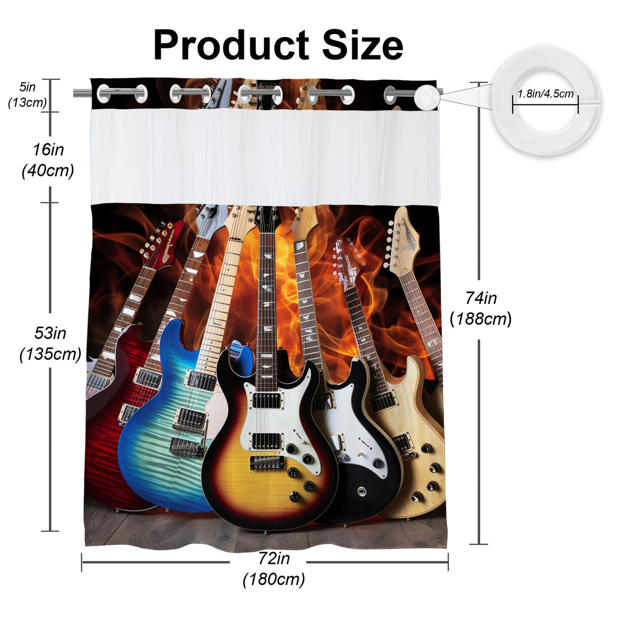 Vintage Funny Guitar Theme No Hook Waffle Weave Shower Curtain with Snap in Liner Cool Western Aesthetic Funky