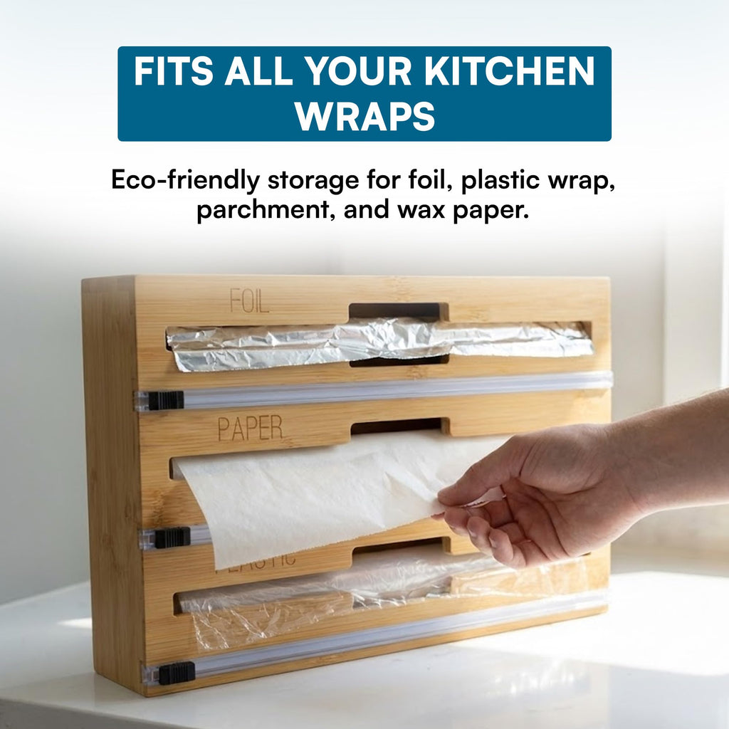 Bamboo Wrap Organizer with Safety Cutter - 3-in-1 Drawer Holder for Aluminum Foil, Wax & Parchment Paper, and Plastic