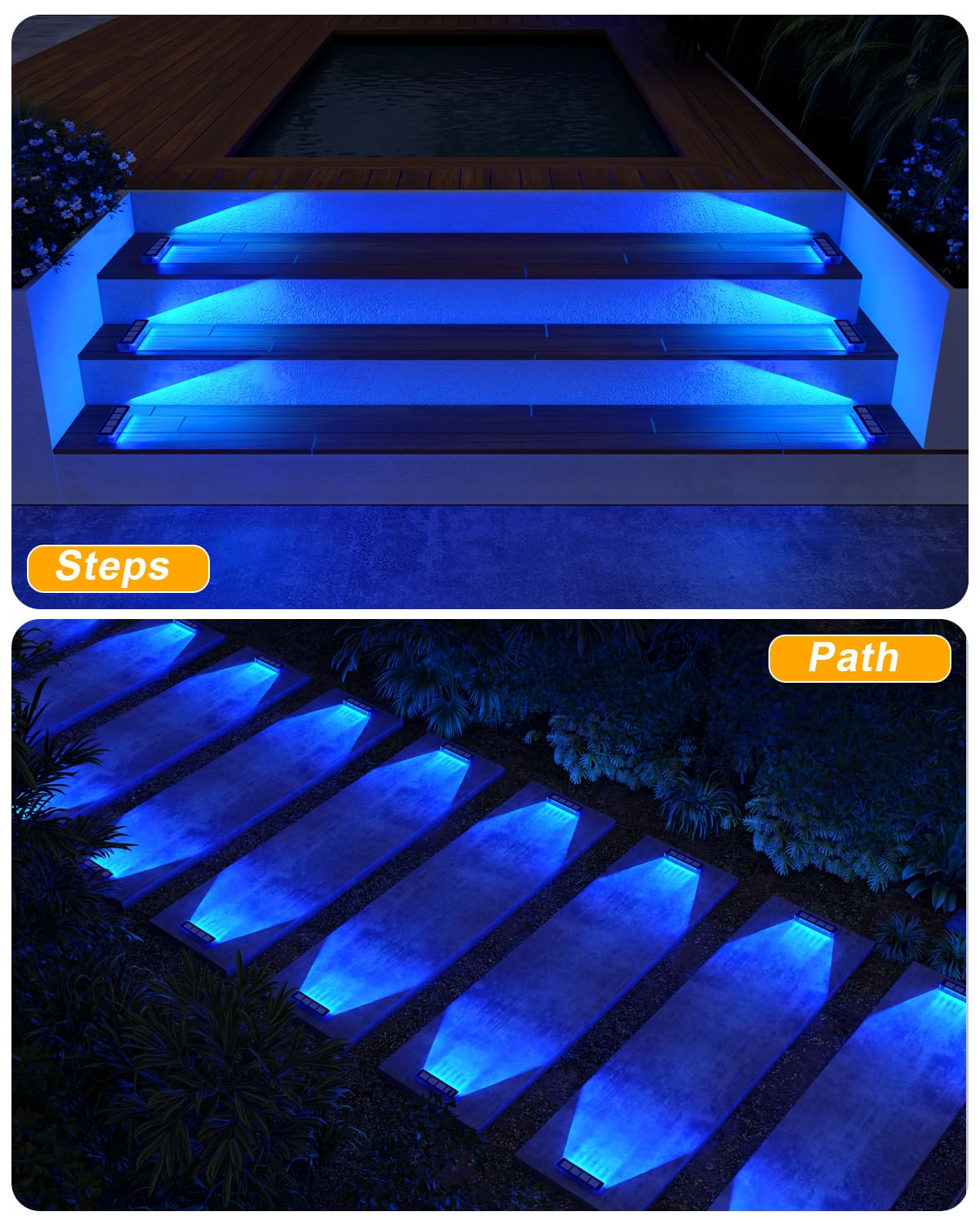 Blue Solar Step Lights for Outside IP68 Waterproof Led 6 Pack