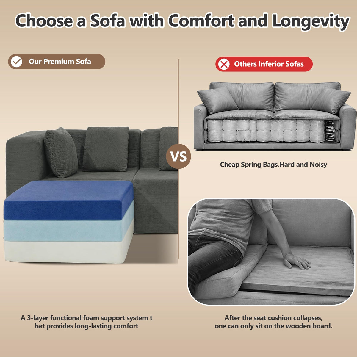 159" Three-Layer Functional Sponge Boneless Sectional Couches High-Back Design Well Supported Heavy-Duty 7-Seater