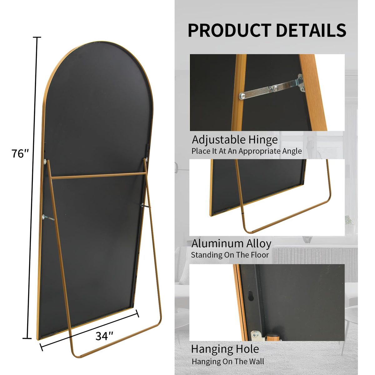 76" x 34" Arched Full Length Mirror with Stand, Gold Floor Mirror