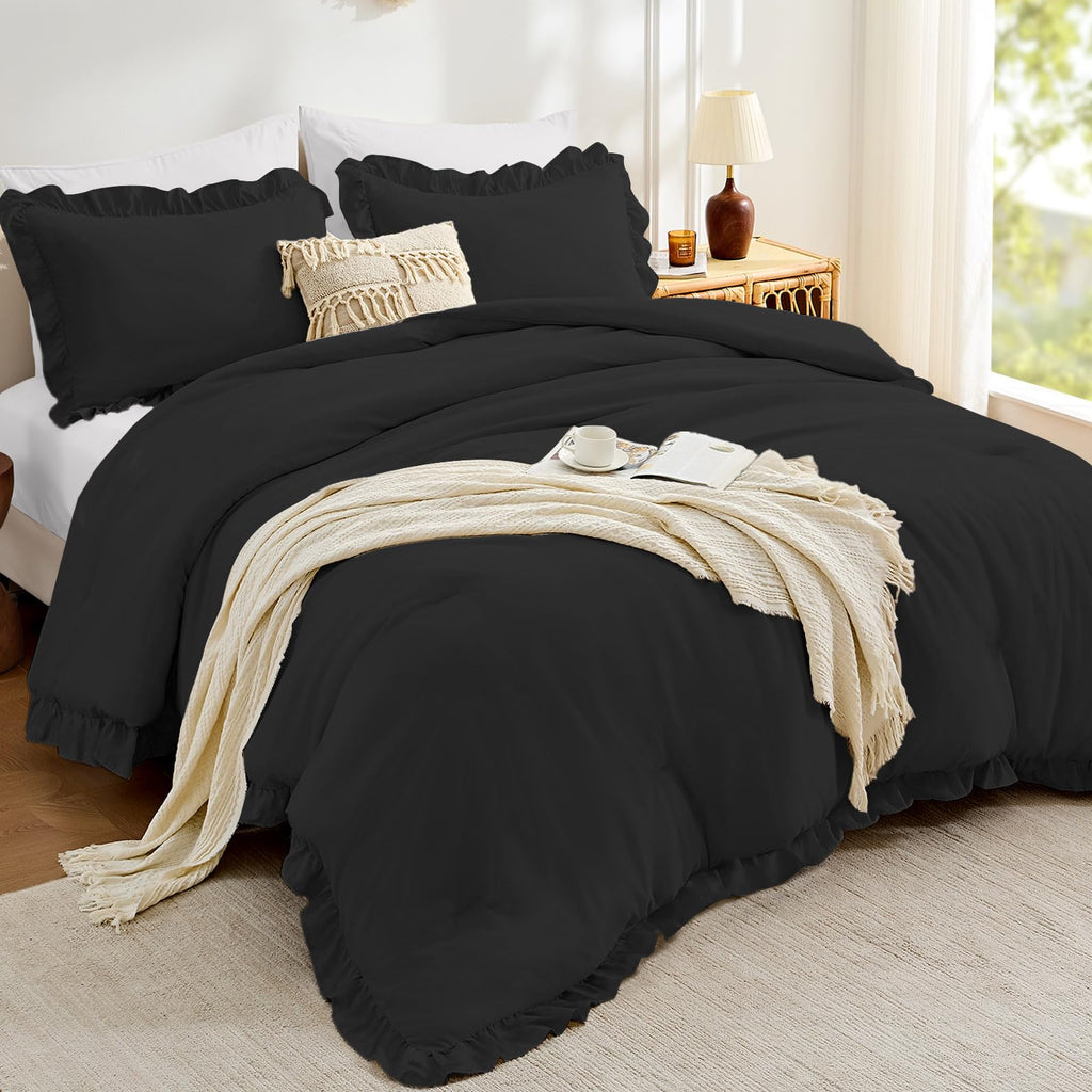 Comforter Sets, Ruffle Bedding Set, 3 Piece Bed Set, Black