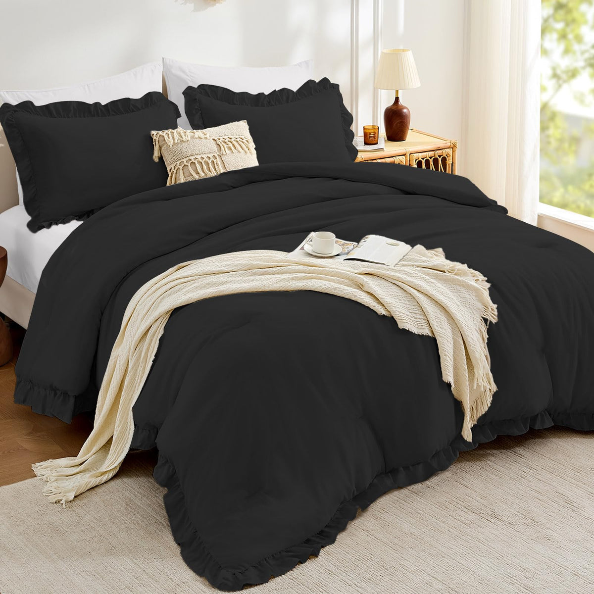Comforter Sets, Ruffle Bedding Set, 3 Piece Bed Set, Black