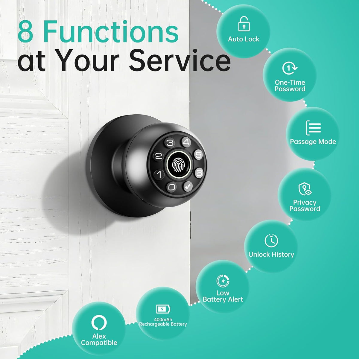 Fingerprint Door Lock Biometric Keypad Smart Door Knob | Bedroom Passcode Handle, Home Office