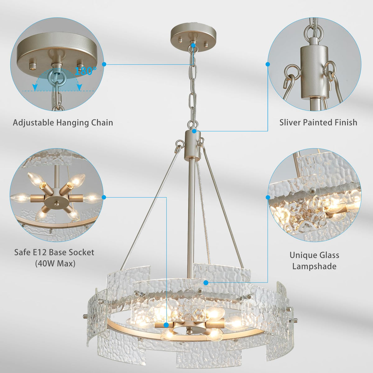 Modern Farmhouse Chandelier 6-Light Silver Glass Drum Chandeliers 19.7" Height Adjustable Water Ripple Rustic Pendant