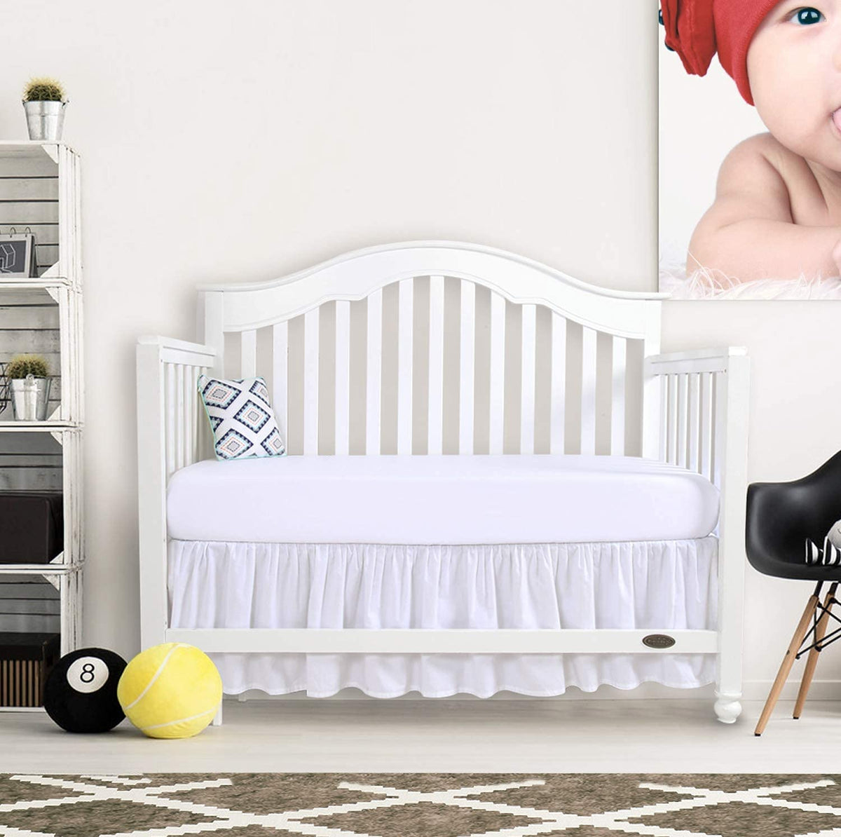 White Crib Bed Skirt- Dust Ruffle Bed Skirt, Toddler Bedding-14 Inch Drop-100% Natural Cotton Crib Bed Skirt for
