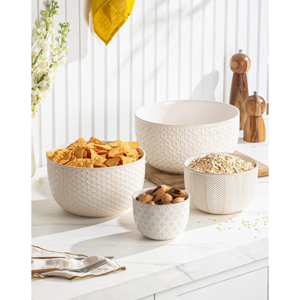 Ceramic Mixing Bowls, Embossed Nesting Bowls Set of 4, Mixing Bowl Set for Serving, Baking, Cooking and Gift