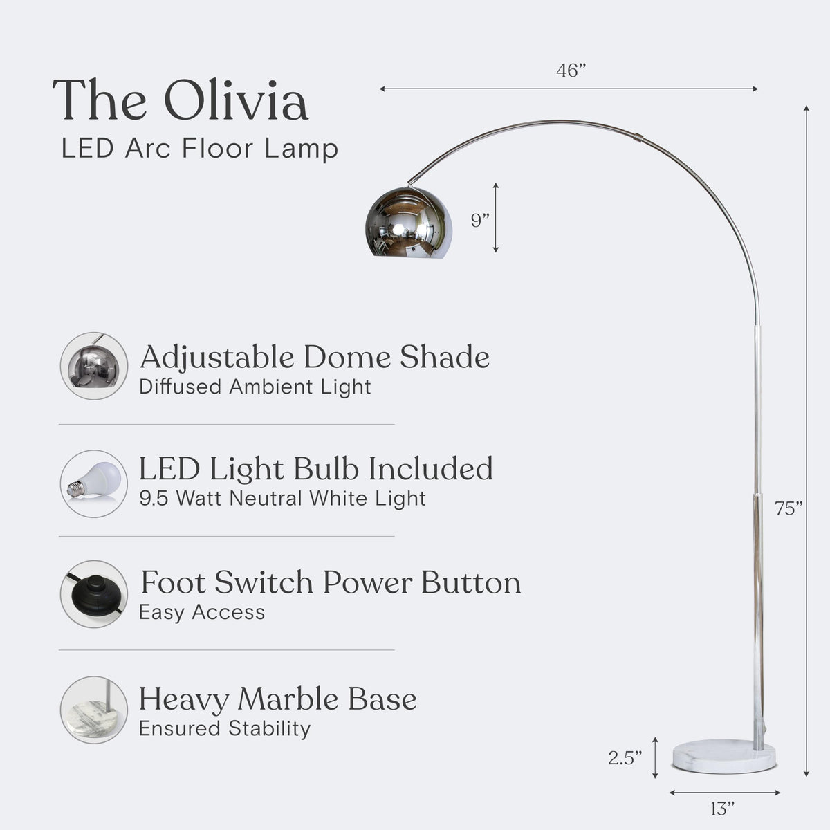 Olivia Floor Lamp - Chic Arc Lamp with Rounded Spolight Head and Marble Base, Tall Standing Lamp with LED Light Bulb