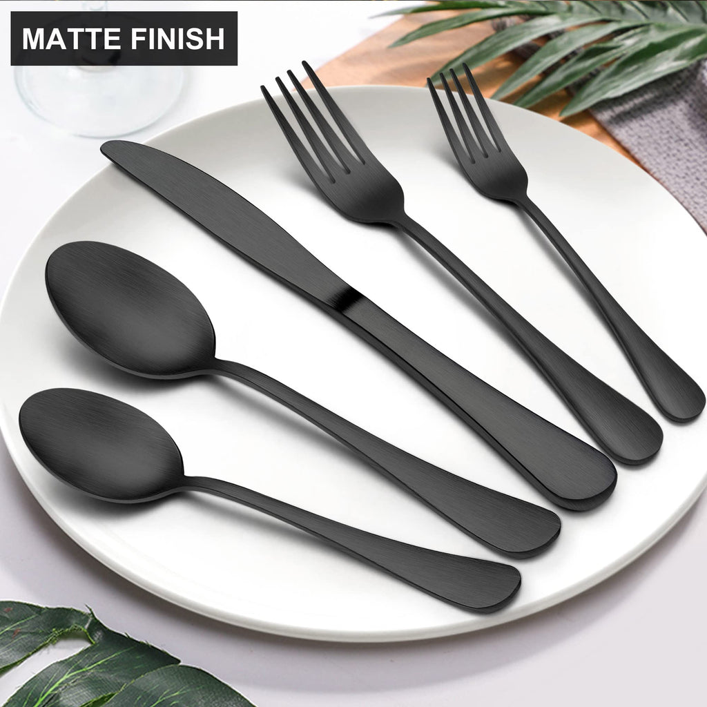 40 Piece Matte Black Silverware Set, Stainless Steel Black Flatware Cutlery Set for 8, Fancy Kitchen Utensil