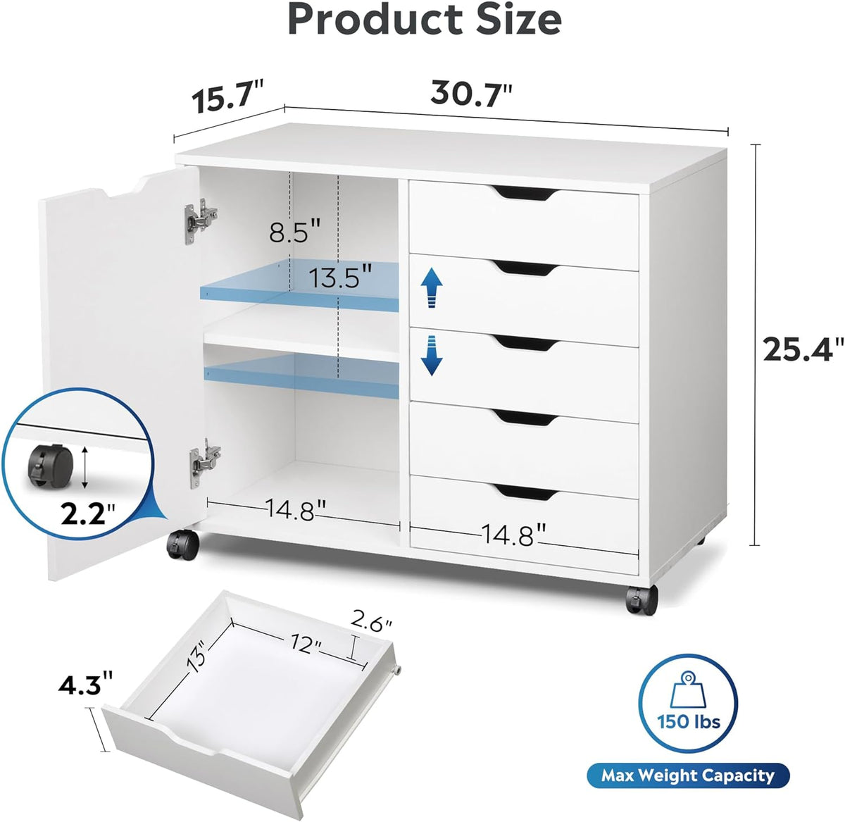 5-Drawer Wood Drawer Cabinet, Office Storage Cabinet, White | Craft Storage Cabinet, Under Desk Drawer, Rolling Cart