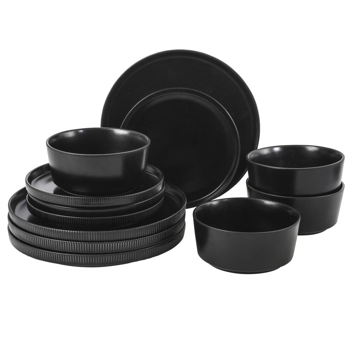 Dempsey Road 12-Piece Stoneware Dinnerware Set - Service for 4, Round Black Plates and Bowls, Durable Solid Color