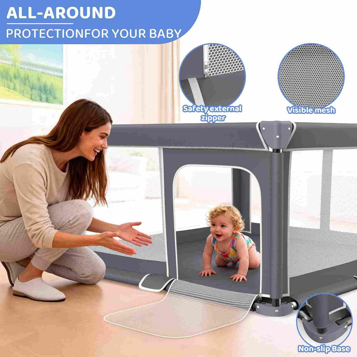 Foldable Baby Playpen with Mat, 50"x50" Safety Play Yard for Babies & Toddlers - Indoor & Outdoor Use with Carry Bag