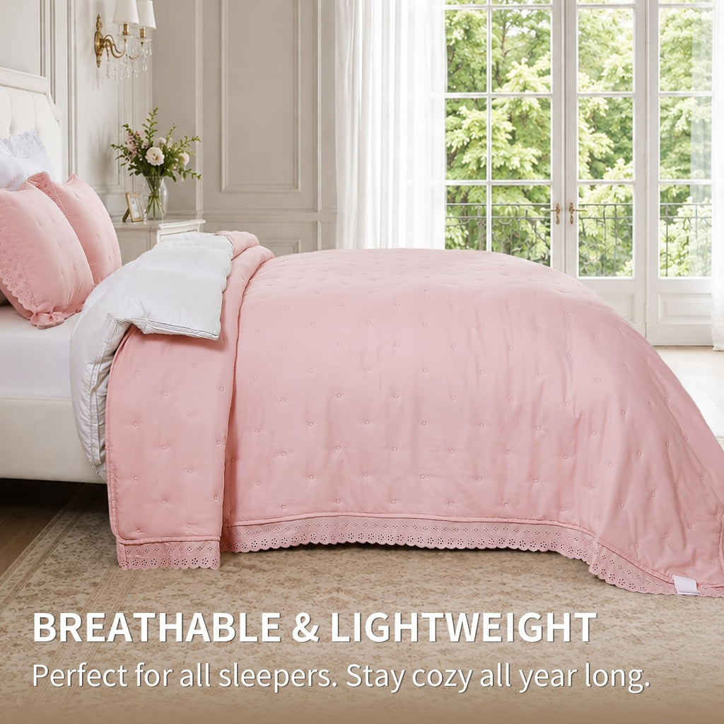 Pink Ruffle Quilt Set 68x90, Soft Lace Trim Bedding