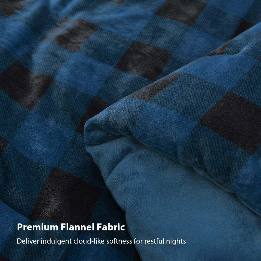 Velvet Flannel Plaid Comforter Set, 3 Pcs Blue Blanket