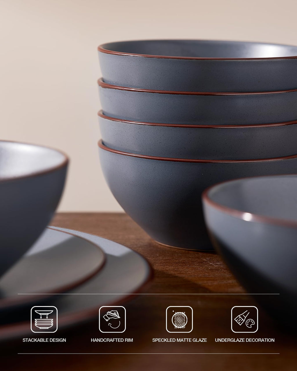 Venus Stoneware Dinnerware Sets with Pasta Bowls, Dishes Set for 6