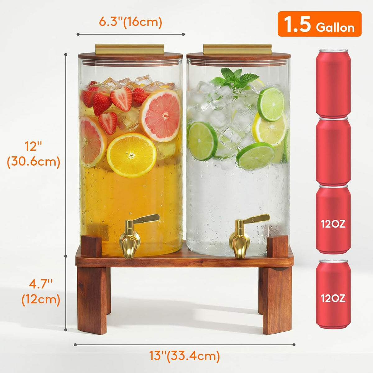 1.5 Gallon Glass Drink Dispenser with Wood Stand & Leakproof Spigot - Set of 2