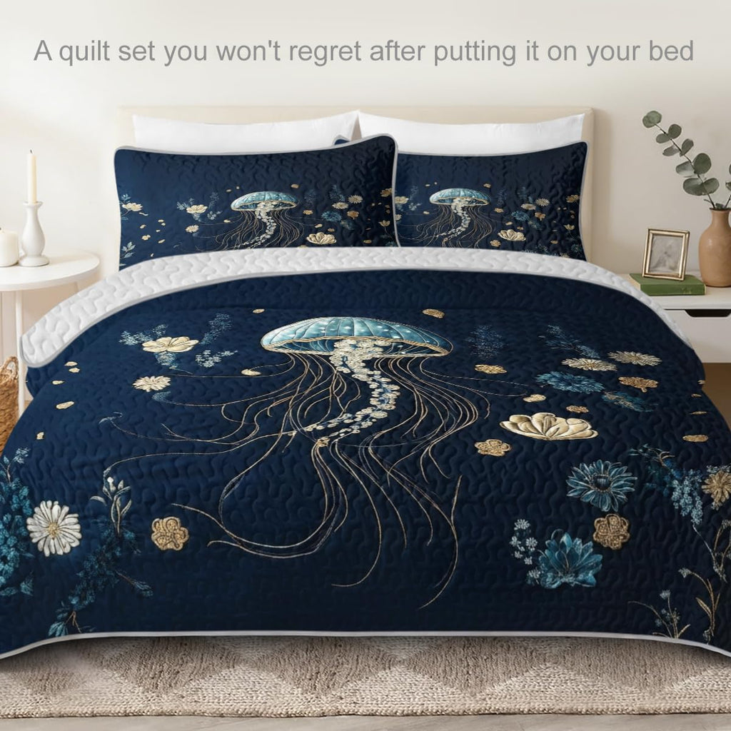 Ocean Jellyfish Quilt Set Navy Blue Floral Sea Life Bedding with Artistic Jellyfish Print for Modern Coastal Bedroom