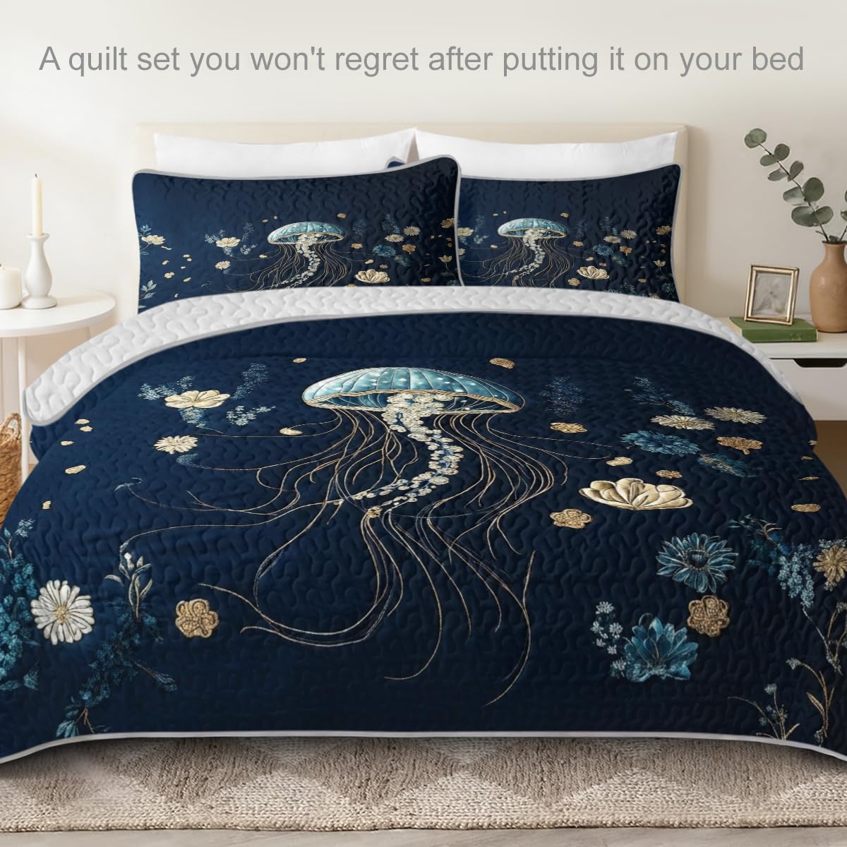Ocean Jellyfish Quilt Set Navy Blue Floral Sea Life Bedding with Artistic Jellyfish Print for Modern Coastal Bedroom