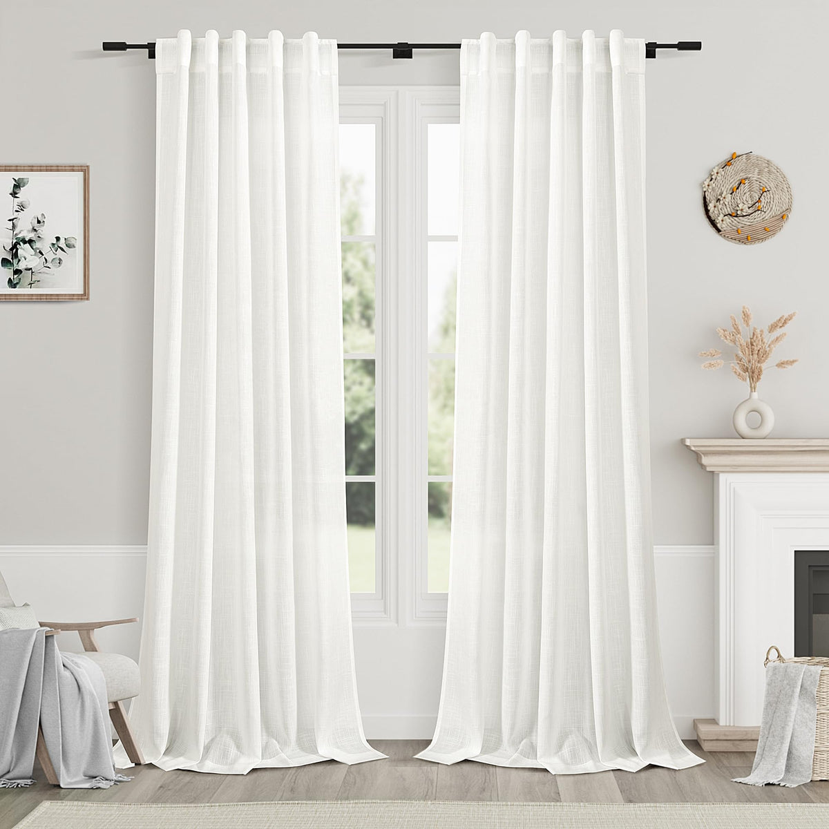 Ivory Linen Curtains 90 Inches Long Back Tab Rod Pocket Semi Sheer Light Filtering Neutral Solid Drapes Modern Rustic