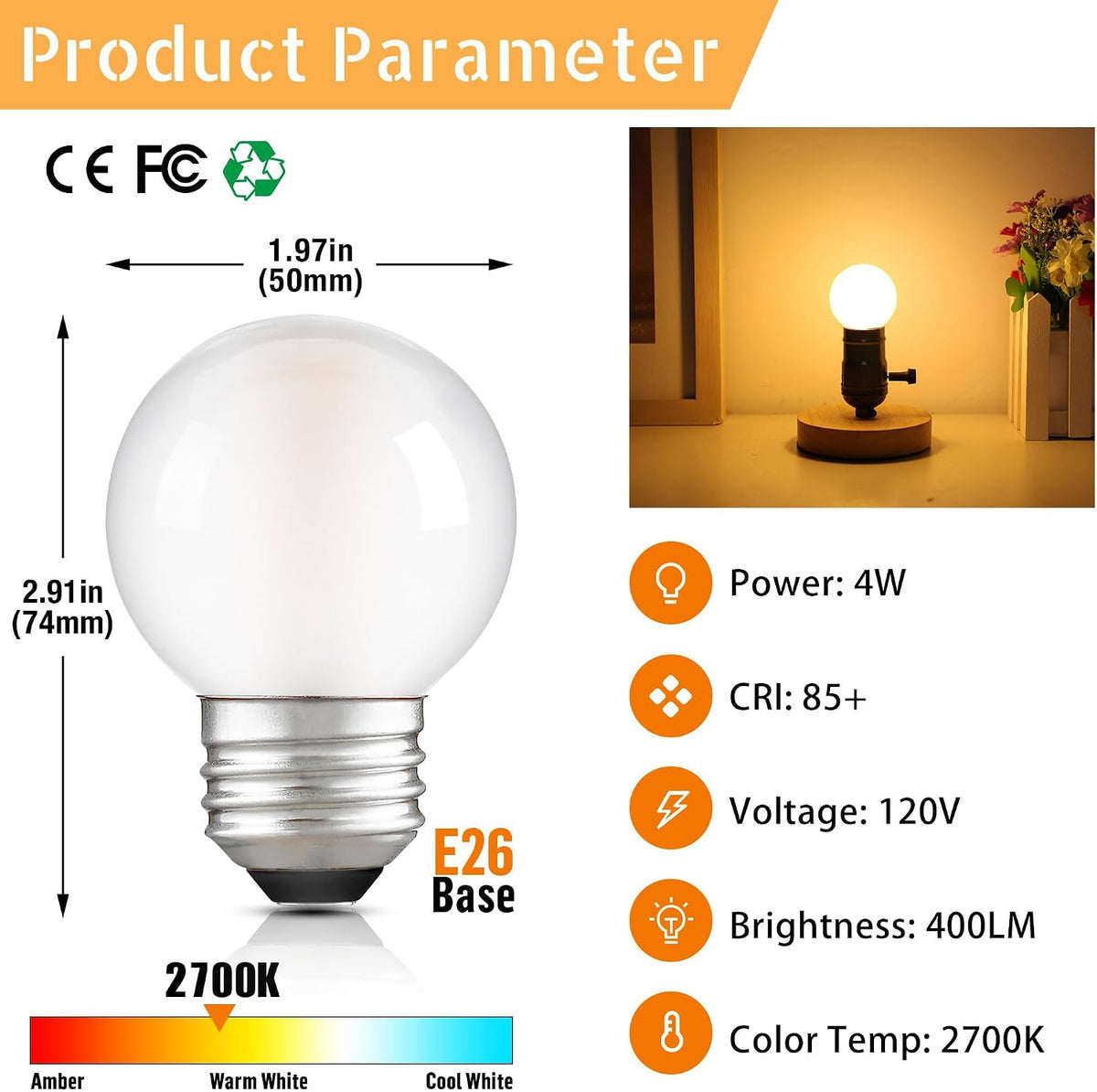 G16.5 E26 Dimmable LED Filament Globe Bulb, 4W/40W Equivalent 2700K Warm White Frosted Glass, Indoor & Outdoor - Set of 6