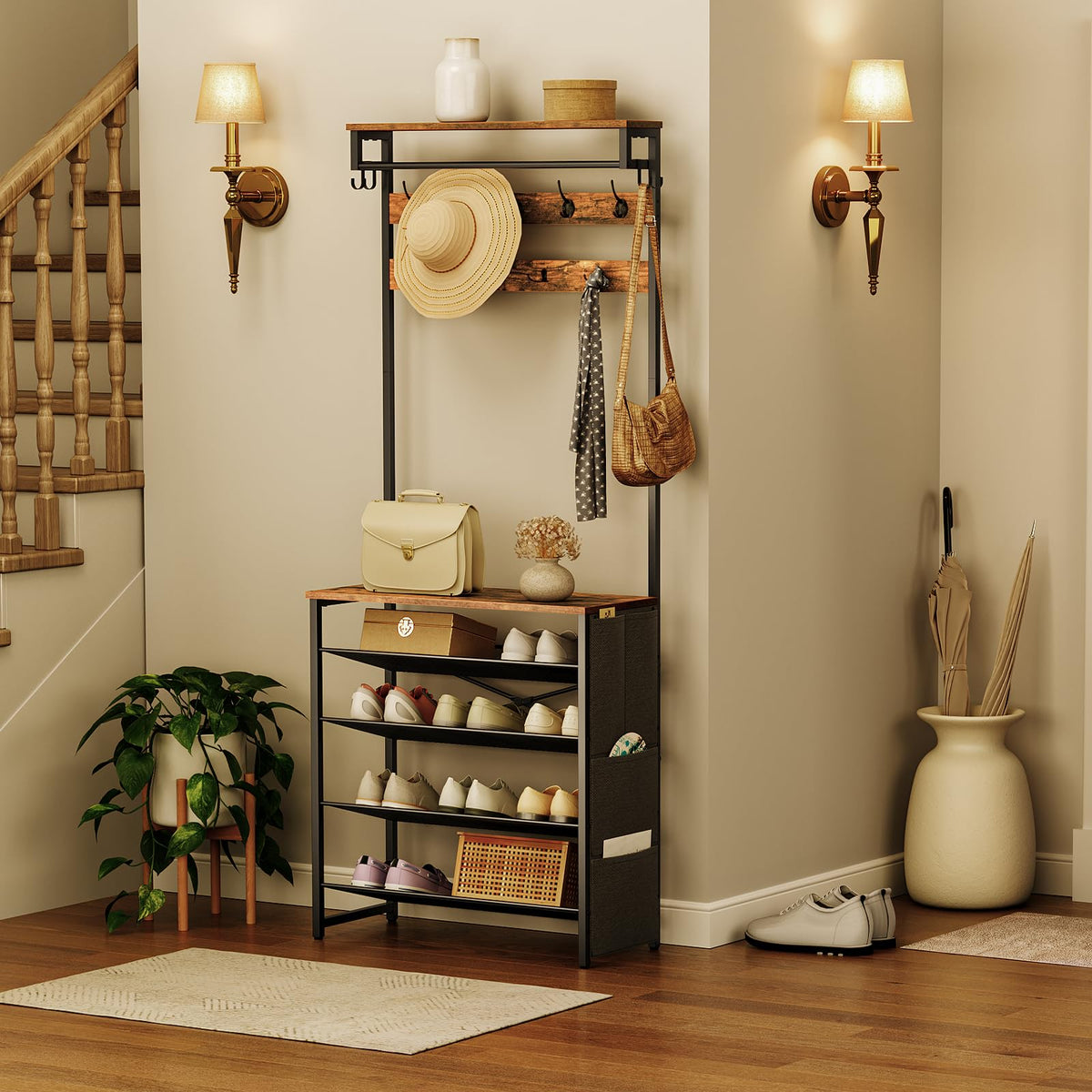 Hall Tree with Bench, Entryway Coat Rack with Shoe Rack, Shoe and Coat Rack, 5 Tier Shoe Storage Organizer with
