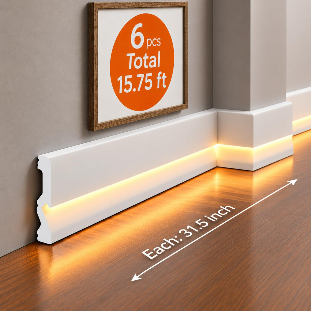 Baseboard Molding with LED Duct, 2.6FT White,6 Pcs,Stylish