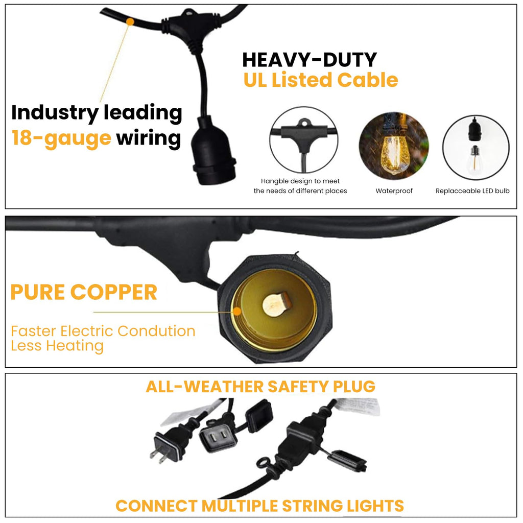 192 FT Outdoor String Lights 2W S14 LED Commercial Grade Waterproof