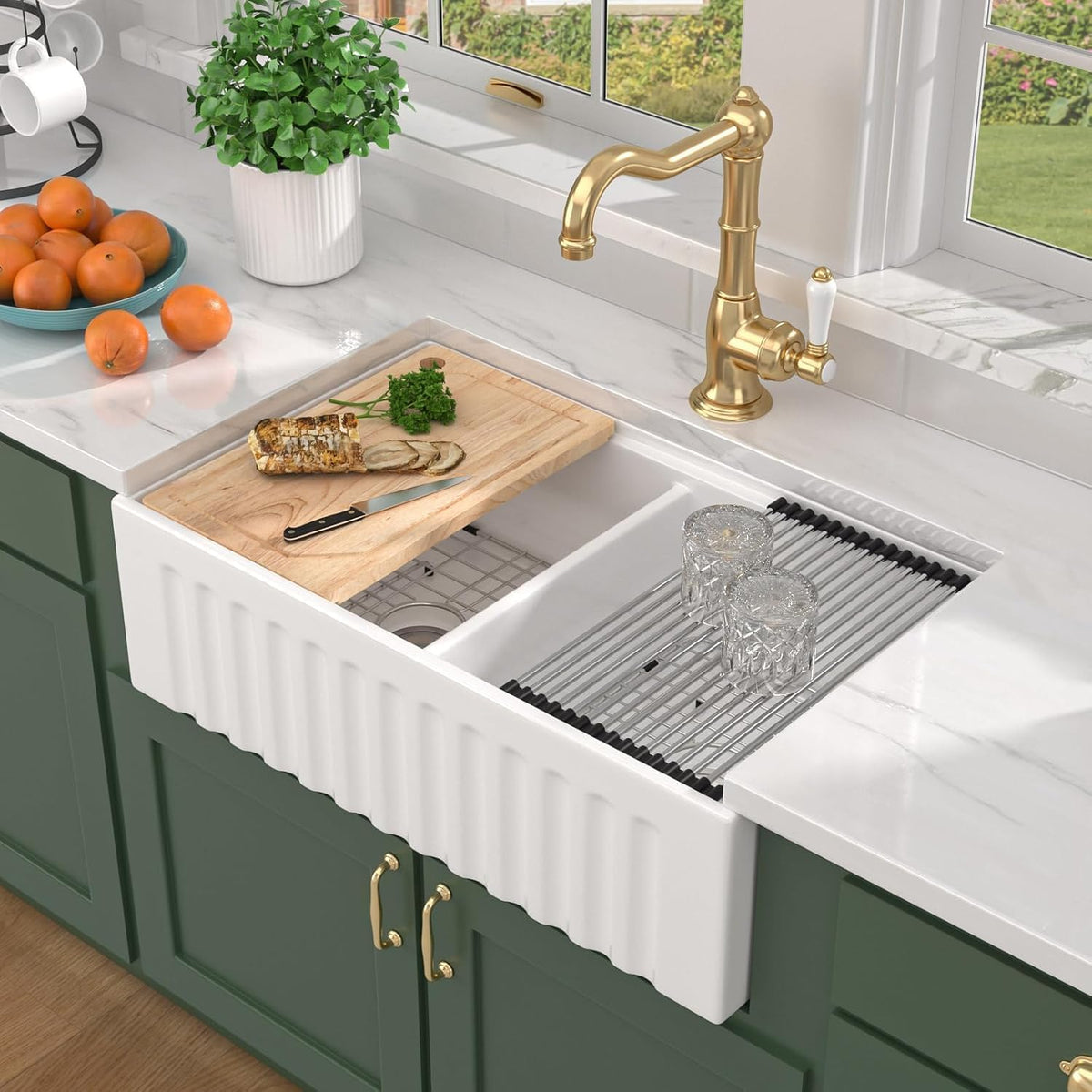 33x20 White Farm Sink Workstation, Double Bowl Reversible Fireclay Apron Front Farmhouse Sink Ceramic Porcelain