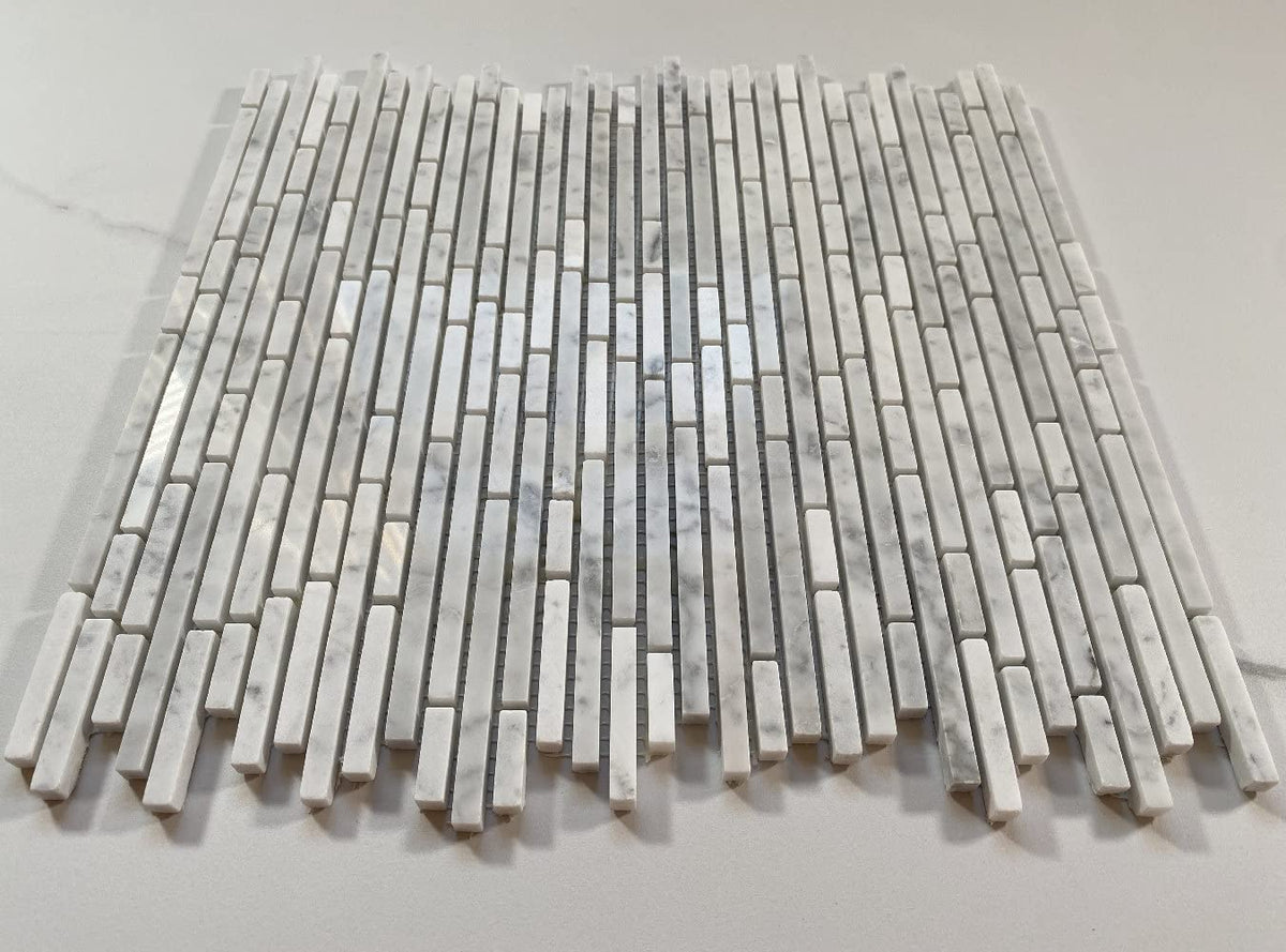 Carrara White Marble Bamboo Strip Waterful Heavy Rain Mosaic Tile Polished Kitchen Bath Wall Floor Backsplash Shower