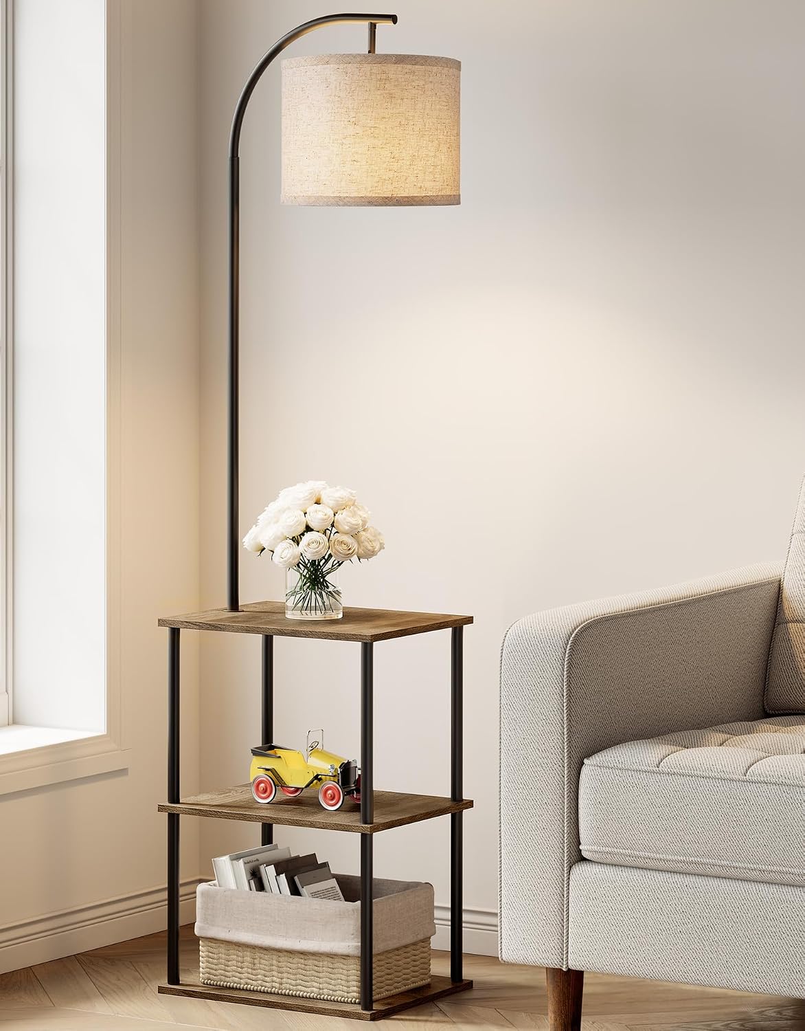 Floor Lamp with Attached Side Table Tray, Pull-Chain Switch, 3-Color LED