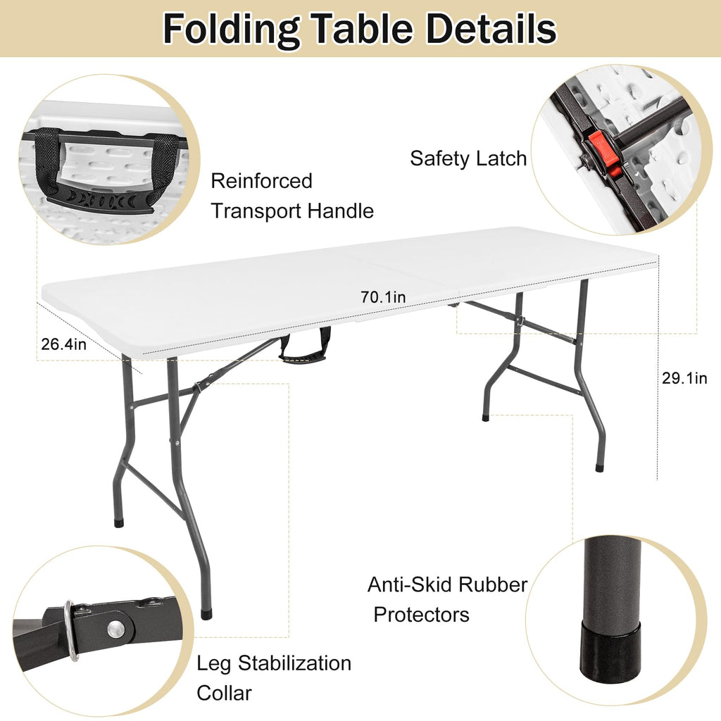 1 Set 6 FT Rectangle Folding Table with Carrying Handle, Lightweight Fold-in-Half Utility Table, with Matching White