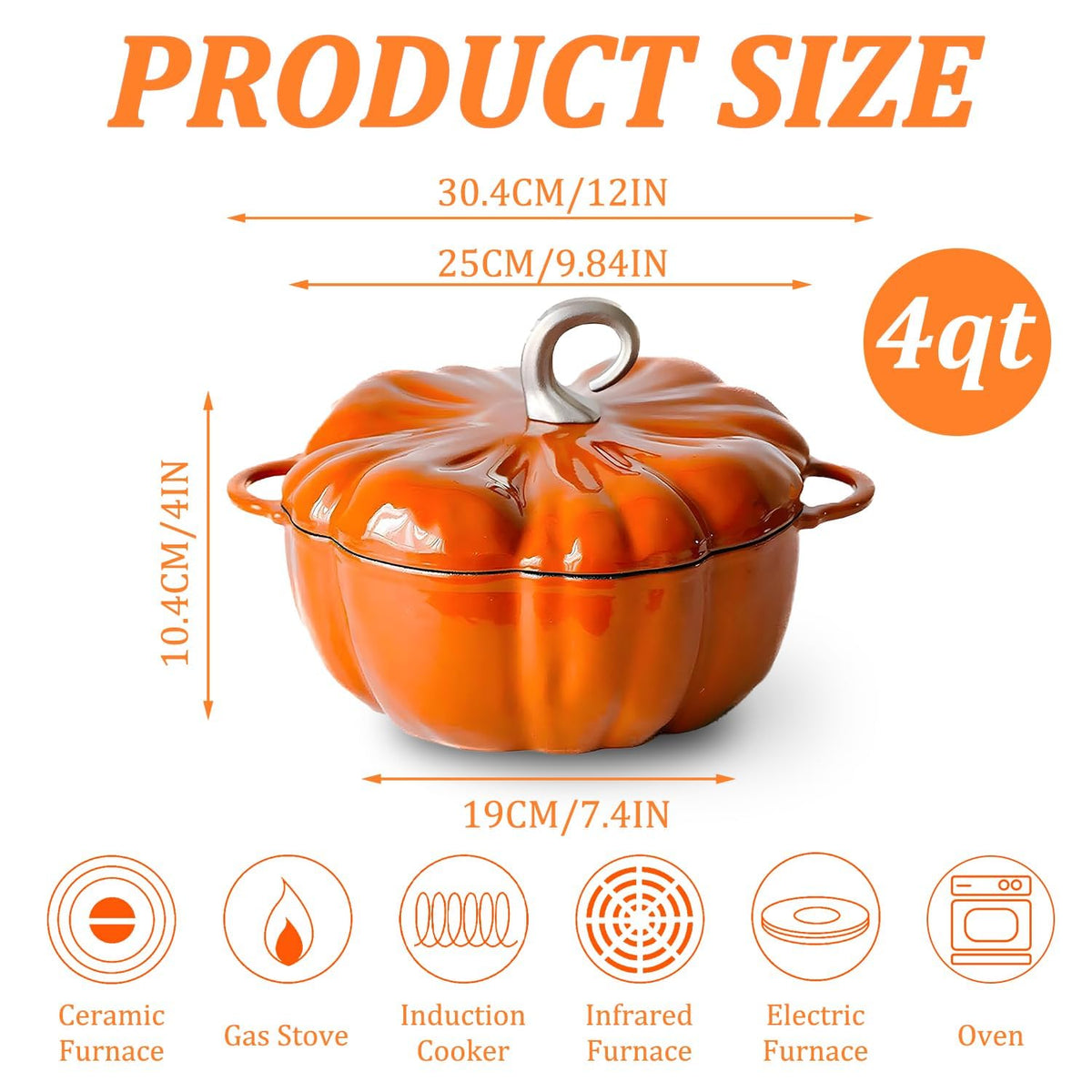 Pumpkin Cast Iron Dutch Oven, 4qt Enamel Cast Iron Cooking Pot with Lid