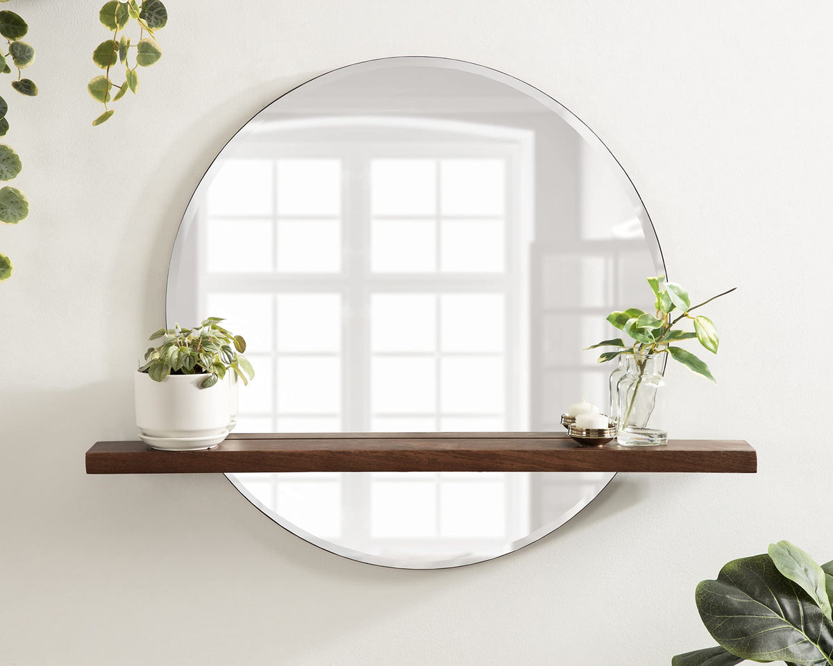 Fossett Frameless Round Wall Mirror, 24 Inch Diameter, Walnut Brown, Decorative Functional Mirror with Shelf