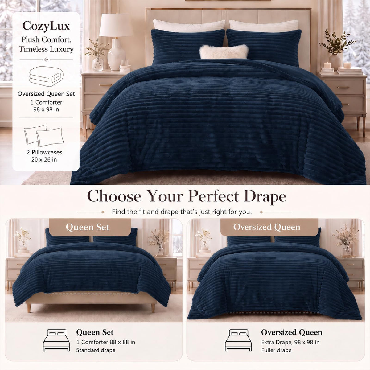 Fleece Oversized Comforter Sets, 3 Piece Navy Blue Bedding