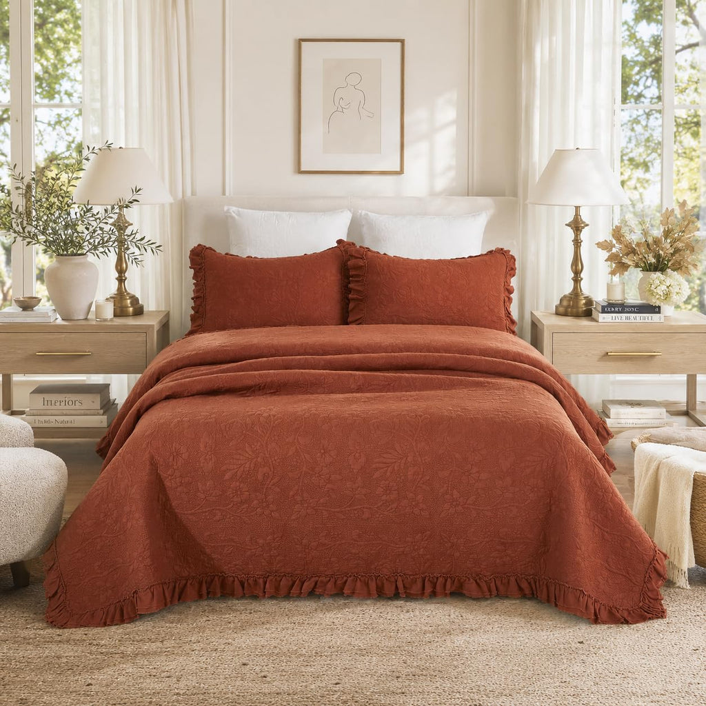 Quilt Set Cotton Luxury Farmhouse Comforter Set Burnt Orange Matelasse Coverlet Set Ruffle Bedspread 3-Piece