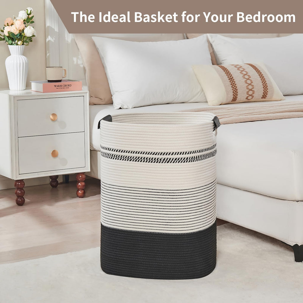 Laundry Hamper - Large Laundry Basket with Leather Handles, Decorative Storage Basket for Blankets - Clothes Hamper