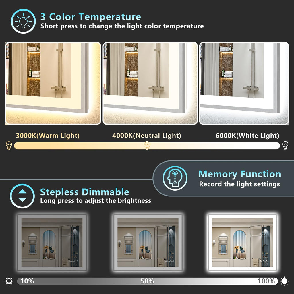 44x30 Inch Brushed Nickel LED Bathroom Mirror, Backlit & Front Lit