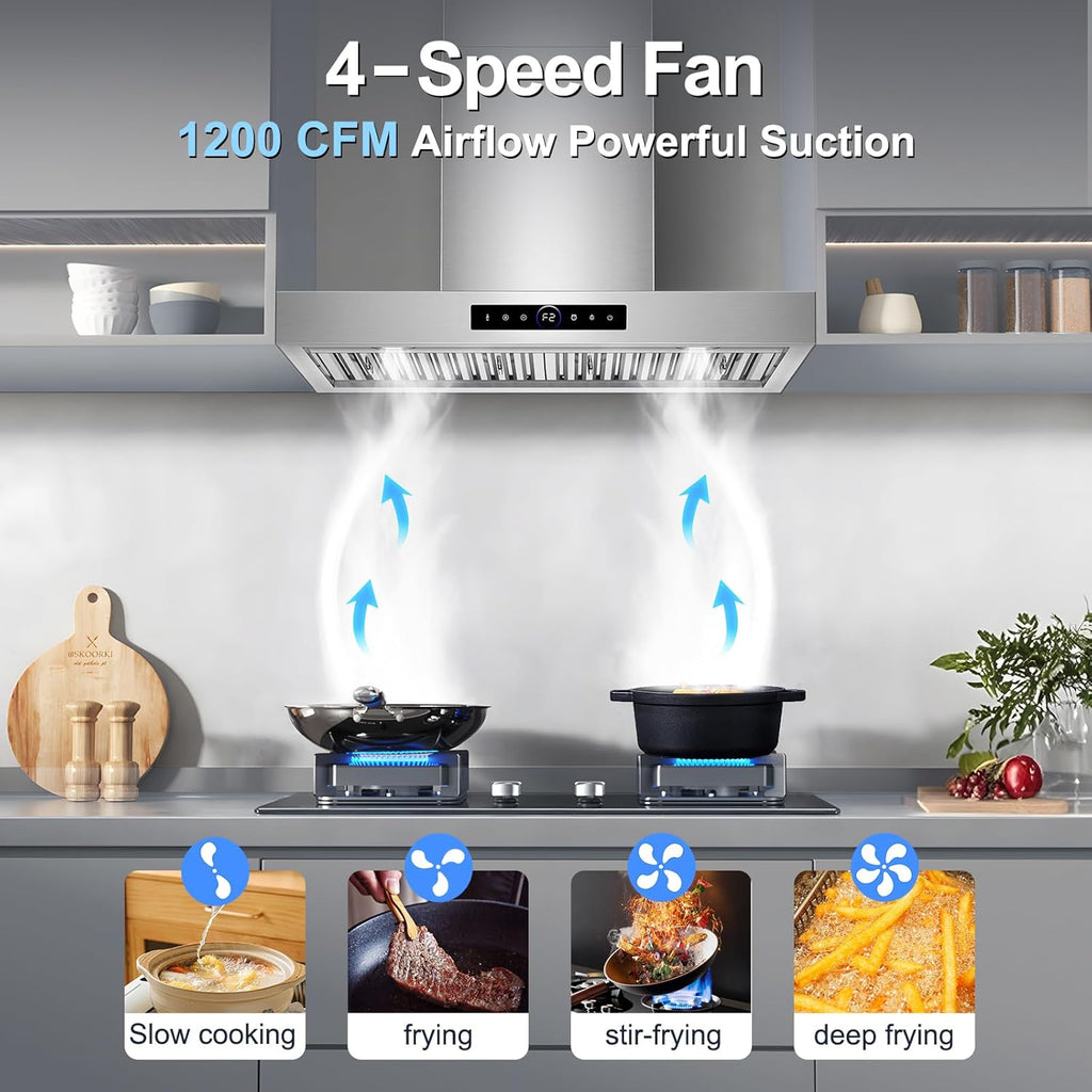 36 Inch Stainless Steel Wall Mount Range Hood 700 CFM 3 Speed Touch Control, LED Lights Convertible Ducted/Ductless
