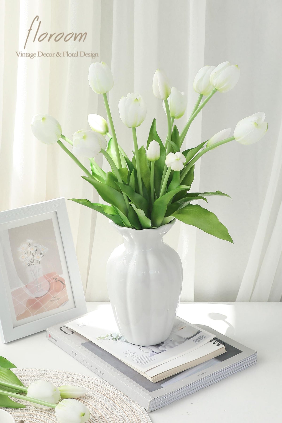 15 Pcs Ivory Artificial Tulips, Real Touch Latex Faux Bouquet with Buds, Lifelike Floral Stems, Fake Flowers for