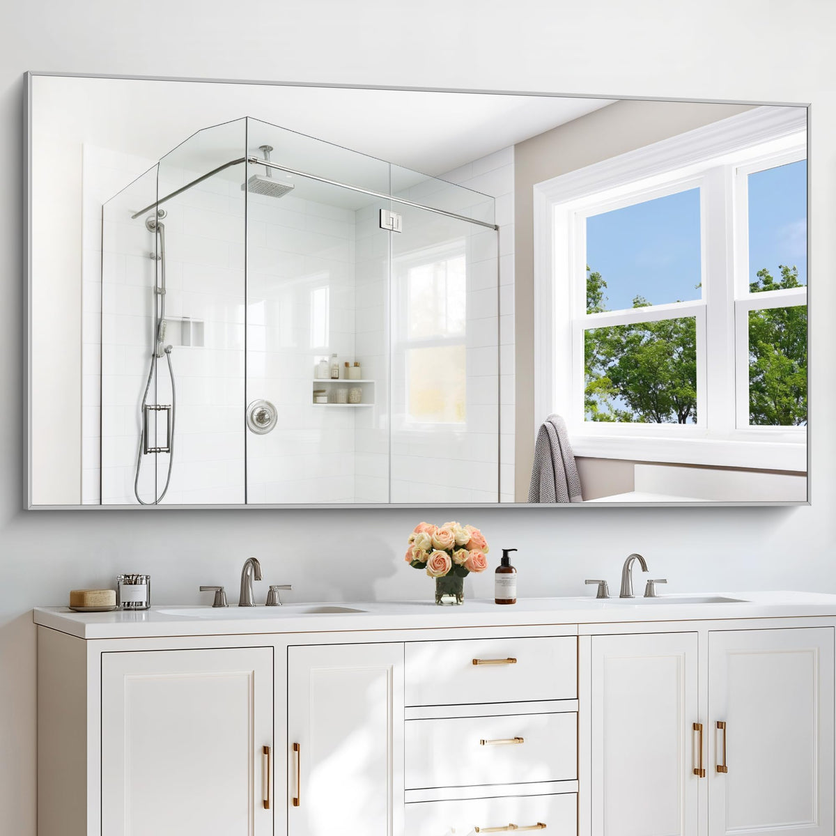 36x72inch Bathroom Mirror, Silver Rectangle Mirror with Thin Metal Frame, Large Rectangular Wall Mirrors m, Hair